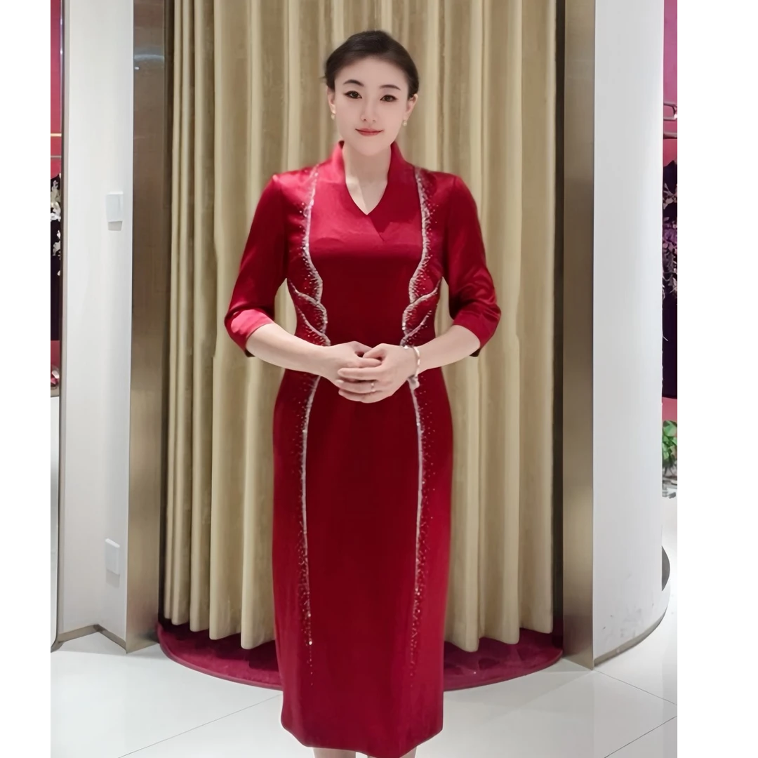 朱紫褕17686旗袍裙/酒红色/V领/醋酸面料/高贵/时尚
