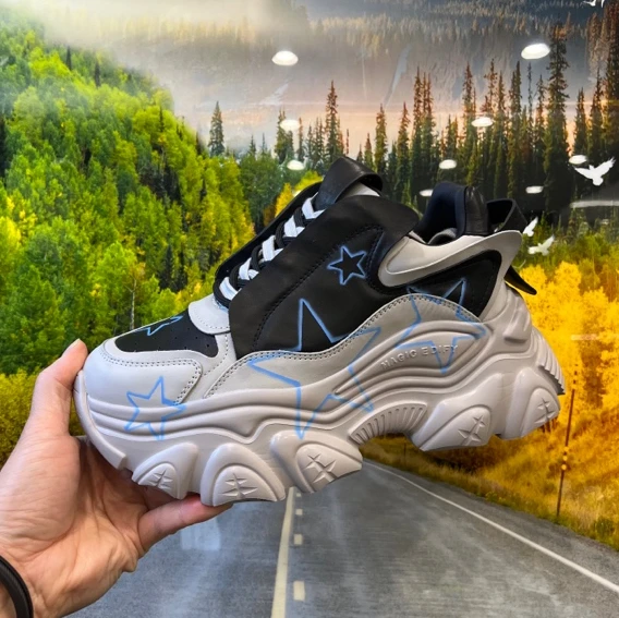 欧货头层牛皮原创小众3D彩喷星星设计重工艺拼色厚底老爹松糕鞋男