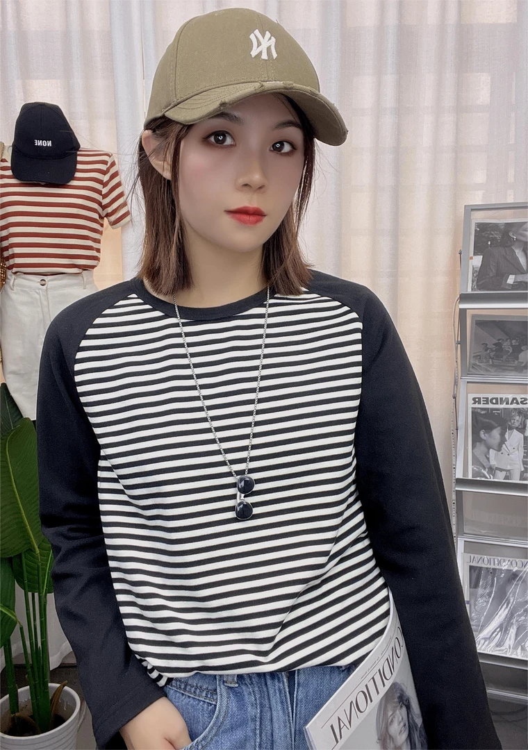 双面磨毛条纹插肩袖加绒保暖长袖T恤秋冬修身显瘦设计感打底衫