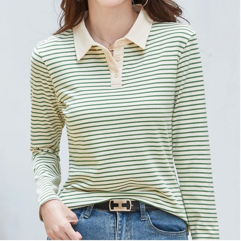2024秋冬新款长袖条纹POLO领打底衫女日韩休闲百搭上衣t恤显瘦