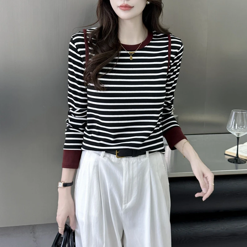 2024韩系撞色条纹正肩上衣女早秋季内搭打底小个子针织衫t恤
