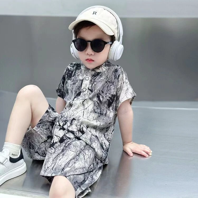 儿童新中式国潮男童夏装短袖衬衫套装2024新款国风薄款男童两件套