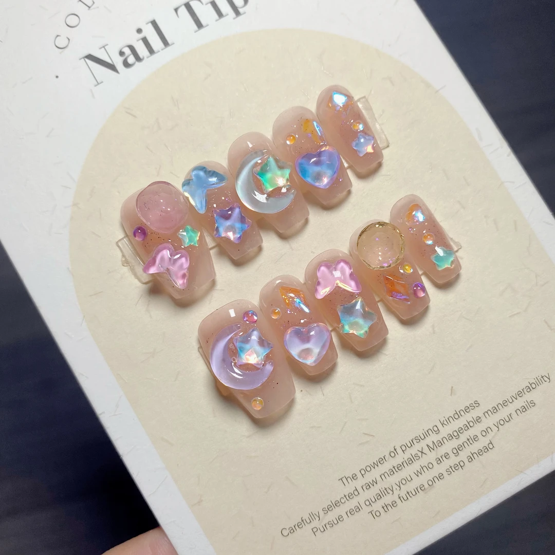 星辰  轻奢满钻冰透腮红夏季气质心动彩色摩卡手工穿戴甲爆闪彩虹