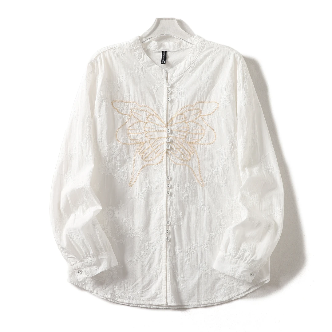 Huangxiaoqi Cowboy重工刺绣长袖纯棉衬衫女中式立领衬衣85122