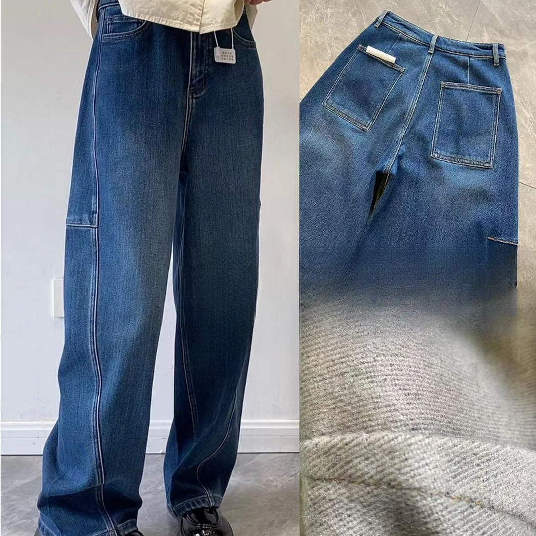 Huangxiaoqi Cowboy加绒弯刀裤水洗宽松牛仔裤女时髦帅气05172