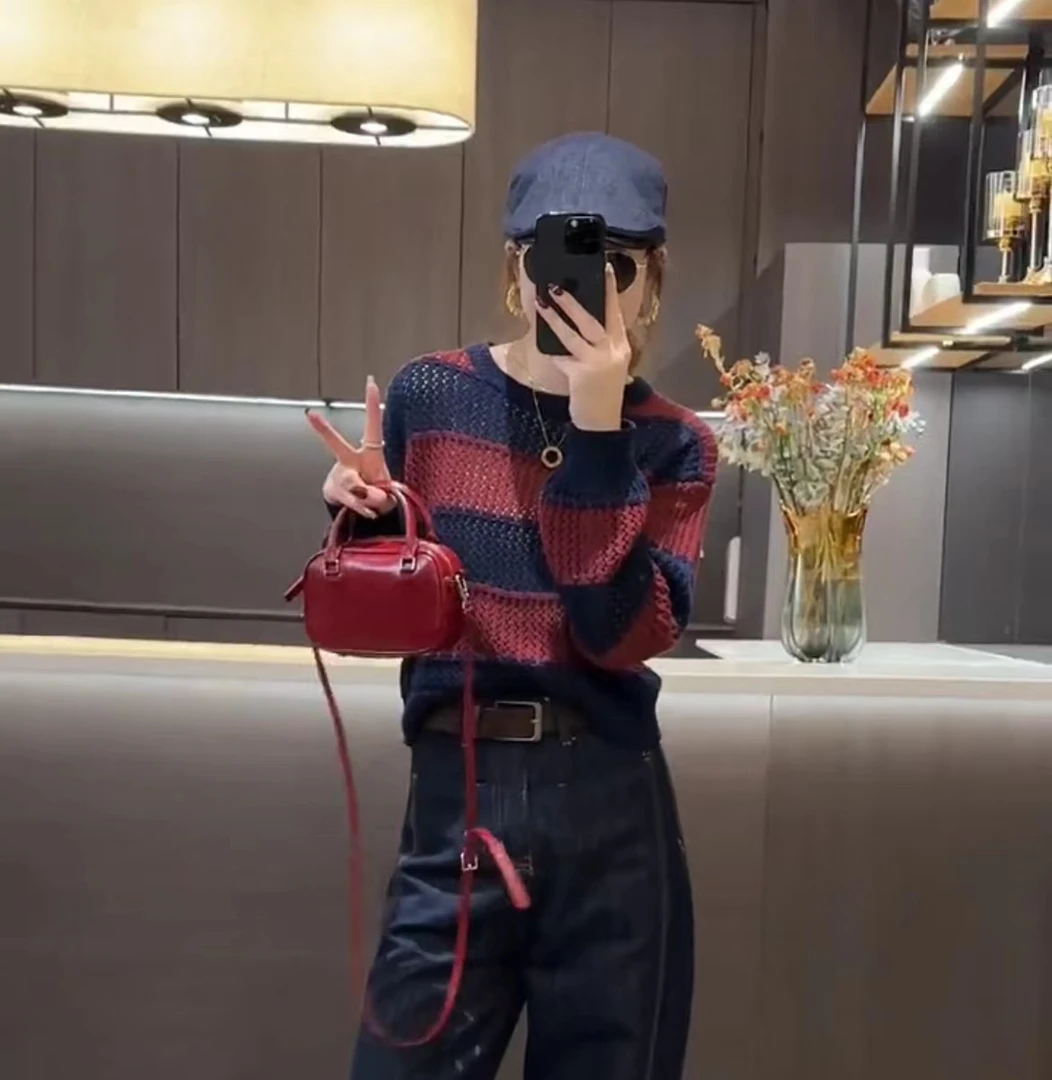 华丽微微【韩范】镂空复古撞色条纹长袖针织上衣MY1450-欧韩穿搭