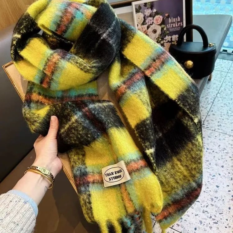 【主播自留】加厚长款柠檬黄拼色格子披肩加厚围脖围巾WJ1017