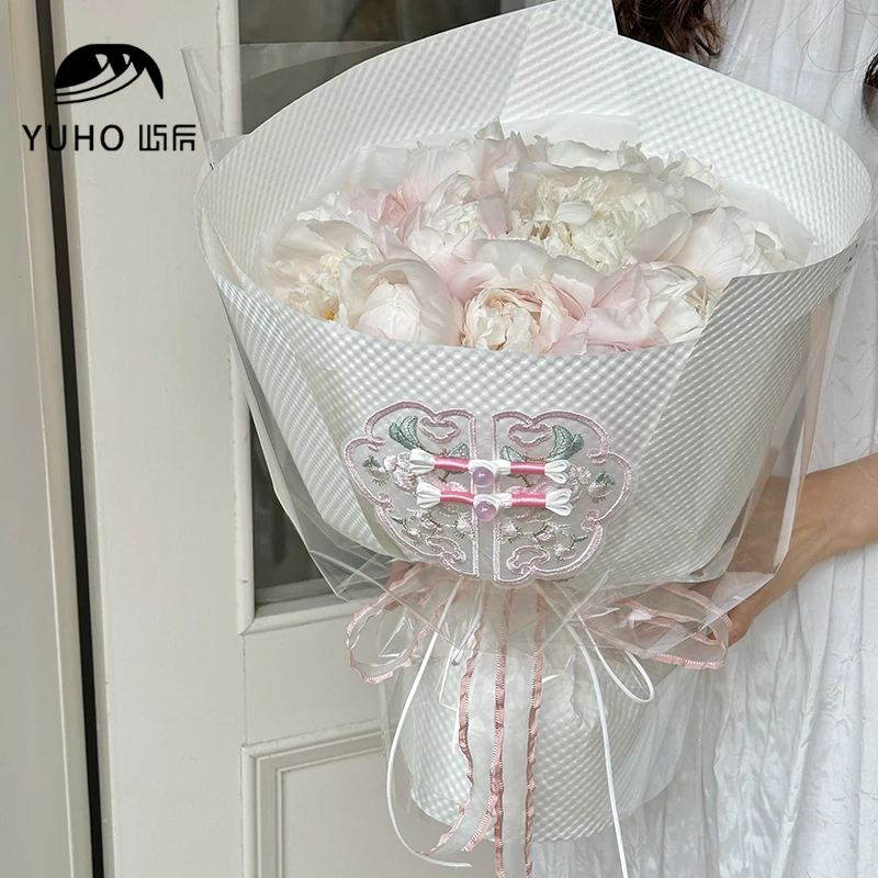 屿后 母亲节新中式泡芙纸鲜花花束包花纸国风旗袍盘扣diy花艺资材