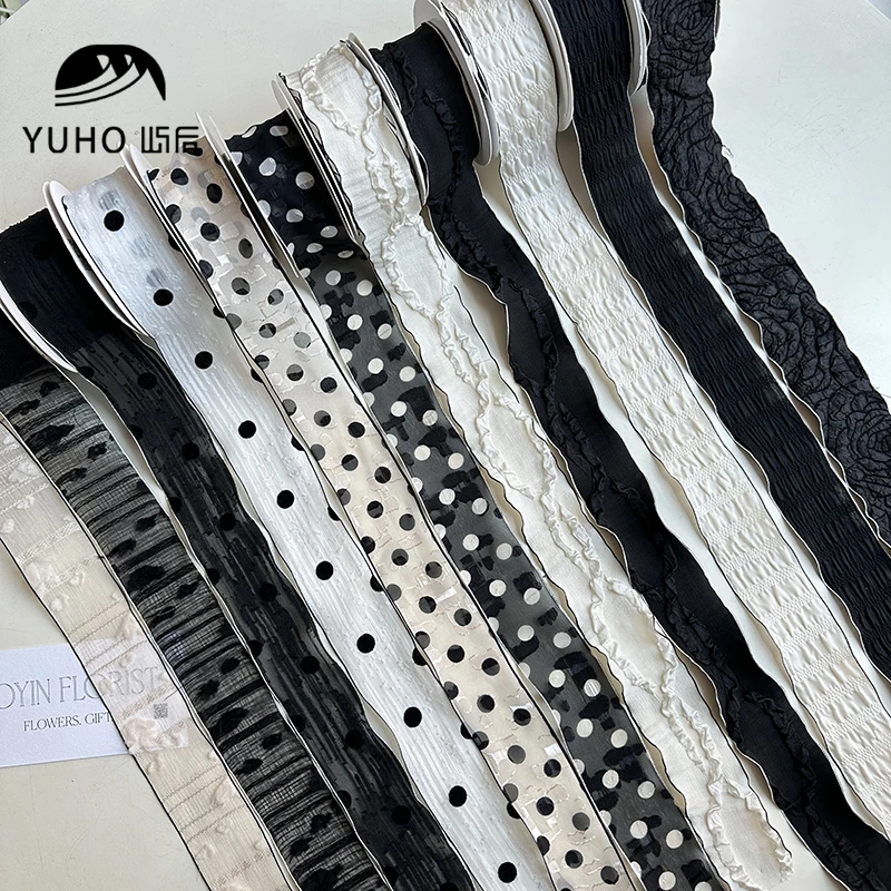 屿后 3.8cm黑白系丝带鲜花花束搭配织带花店diy装饰花艺包装材料