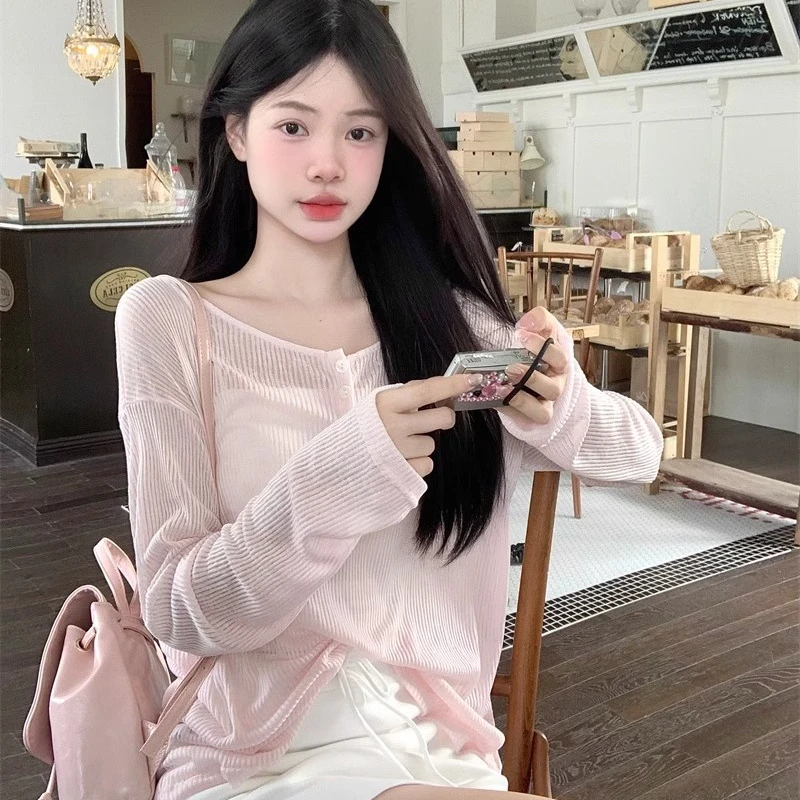 【国庆出游超美罩衫】夏季慵懒纯欲风露背系带粉色防晒罩衫女超温柔