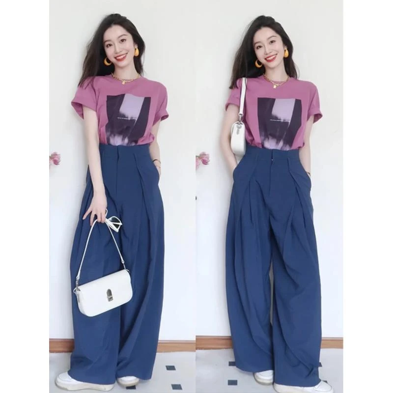 短袖T恤阔腿裤两件套高级时尚减龄法式桔梗梨形身材穿搭套装女夏