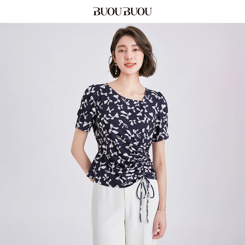 BuouBuou【风感波粒】法式显瘦弹力印花上衣女DKCA030