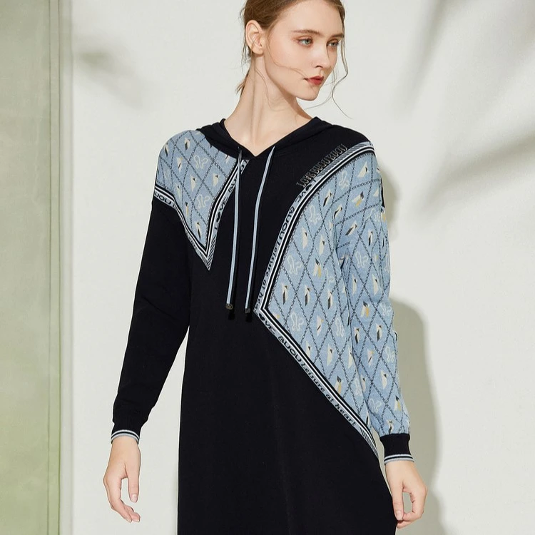 【粉丝专属】BuouBuou法式拼接罗纹袖口连帽连衣裙BI1G910