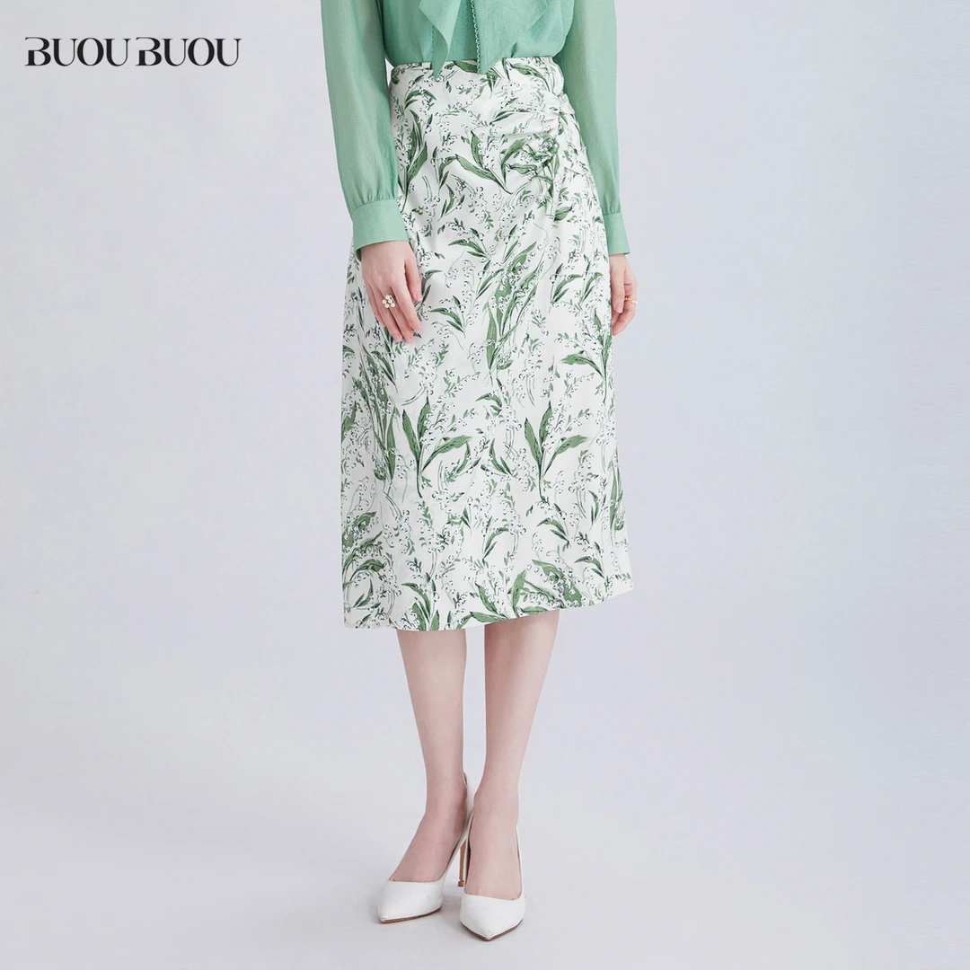 新款法式印花扭结褶皱不规则裙摆雪纺半裙女DJ2B009