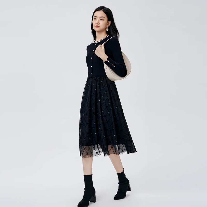 BuouBuou新款洋气百搭女装商场同款钉珠两件套连衣裙女DKGG075