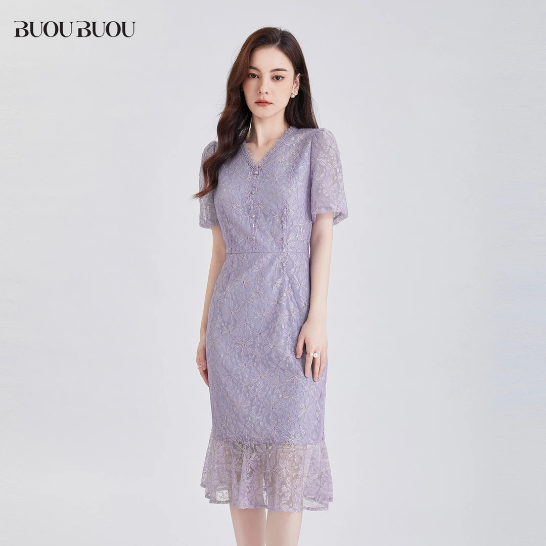 【粉丝专享】BuouBuou法式夏季V领显瘦蕾丝轻奢连衣裙女DJ2G014