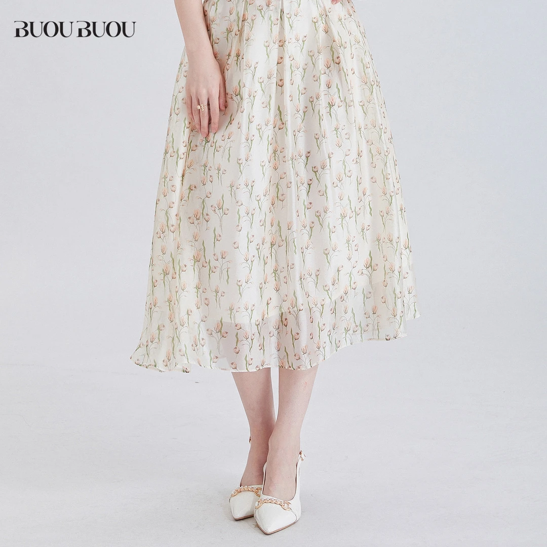 BuouBuou新款洋气百搭女装法式优雅通勤印花伞摆雪纺半裙 DJ3B015