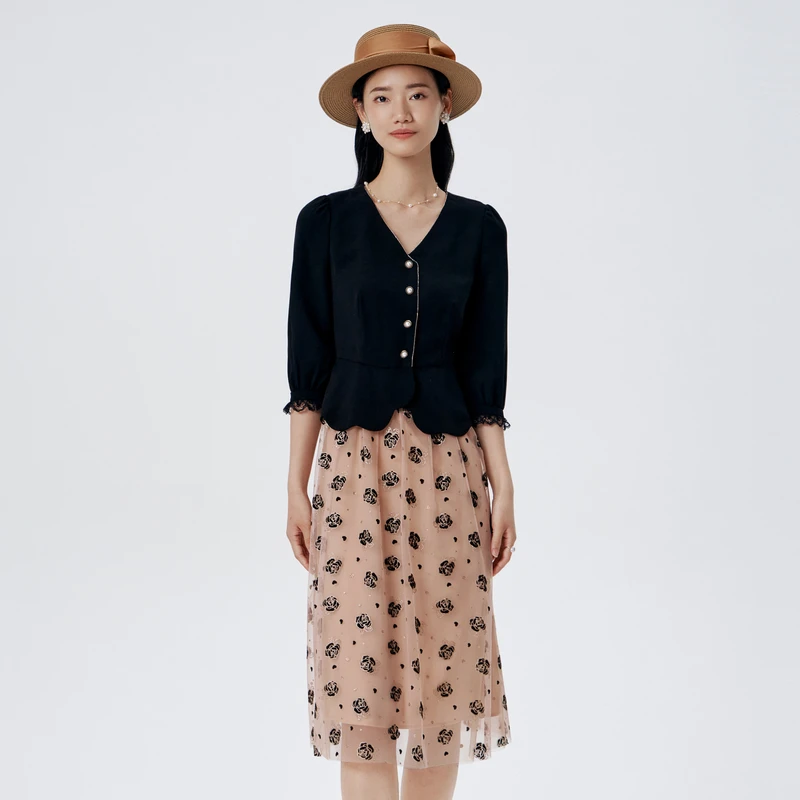 BuouBuou【浪漫玫瑰】法式植绒玫瑰拼接假两件长袖连衣裙WKFG002