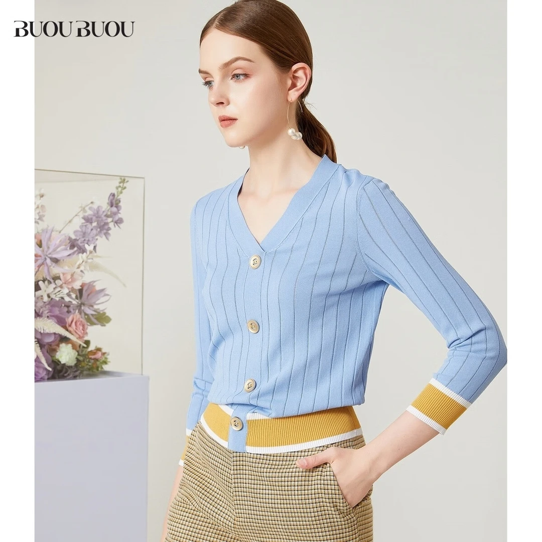 BuouBuouBuouBuou法式V领拼接撞色针织开衫女BH3A913