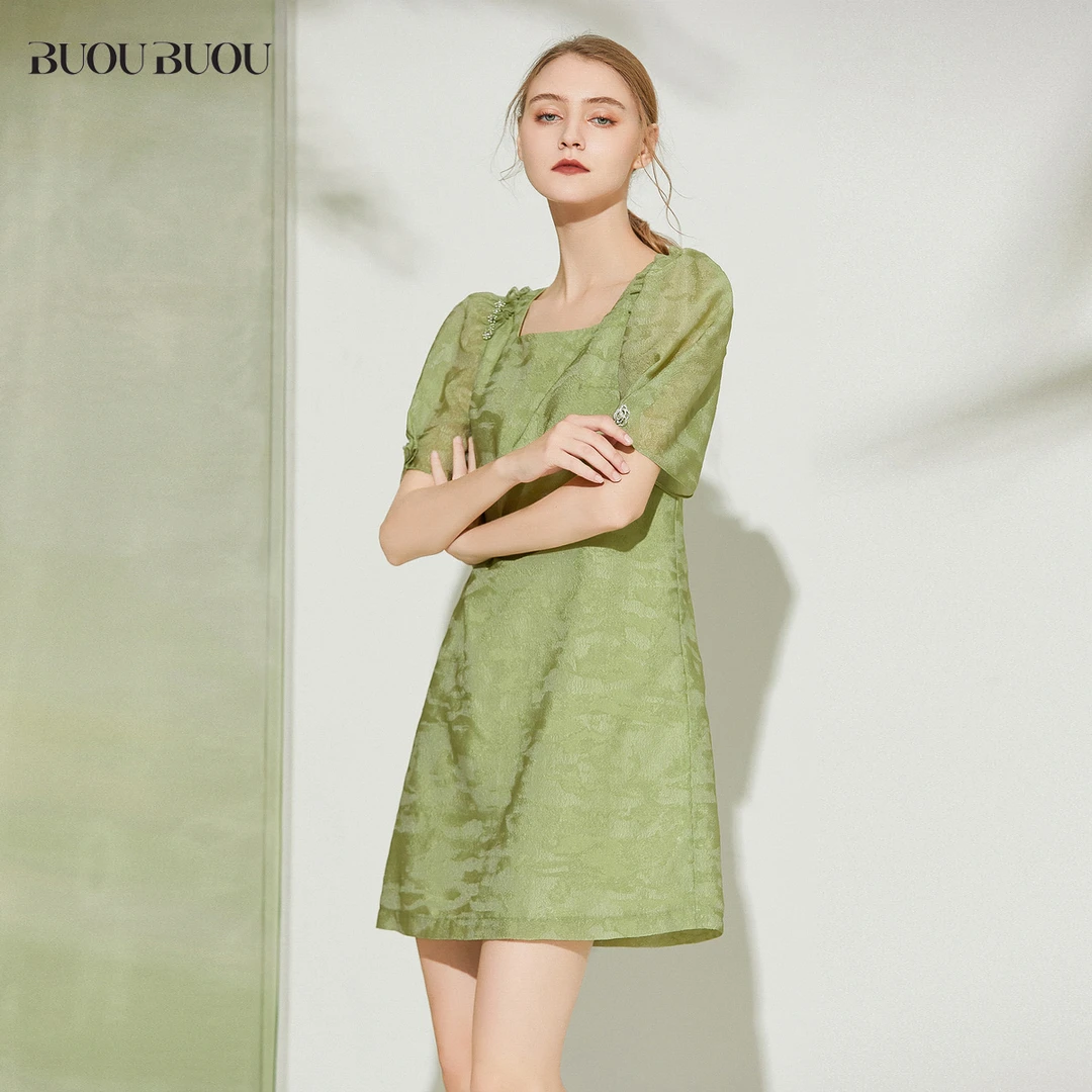 BuouBuou新款洋气百搭女装浪漫泡泡袖木耳边连衣裙BI1G009