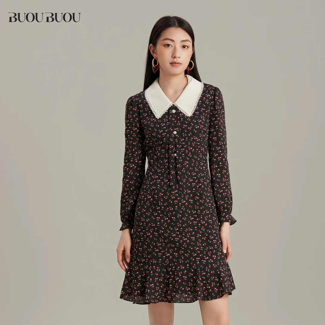 BuouBuou【樱桃印花】大翻领蝴蝶结收腰显瘦连衣裙 DI3G066