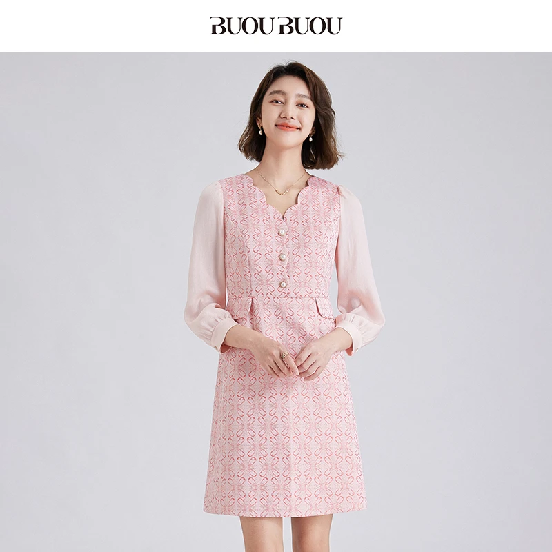 【粉丝专享】BuouBuou法式立体气质拼接浮雕连衣裙女DKAG011