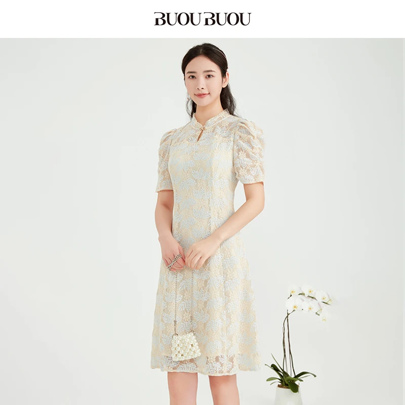 【粉丝专享】BuouBuou春夏新款新中式水滴领蕾丝连衣裙女DKCG045