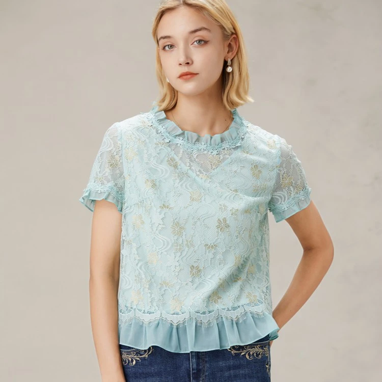 BuouBuou女装木耳边肌理感短袖镂空蕾丝衫上衣DI2A065