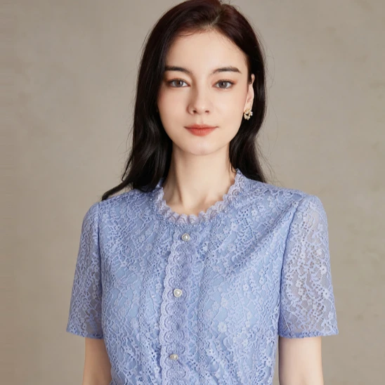 BuouBuou法式浪漫钉珠织带蕾丝上衣女春季DJ1A054