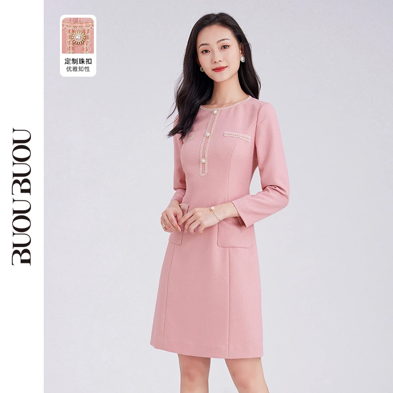 BuouBuou新款洋气百搭女装法式珍珠扣圆领小香风长袖DJ4G009
