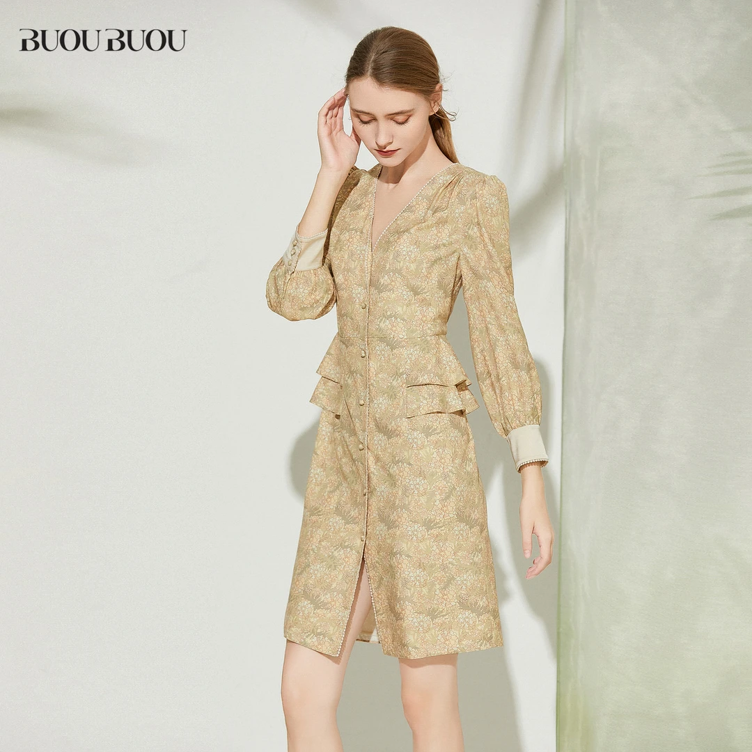 BuouBuou【商场同款】雪花绡印花荷叶连衣裙女BI2G0