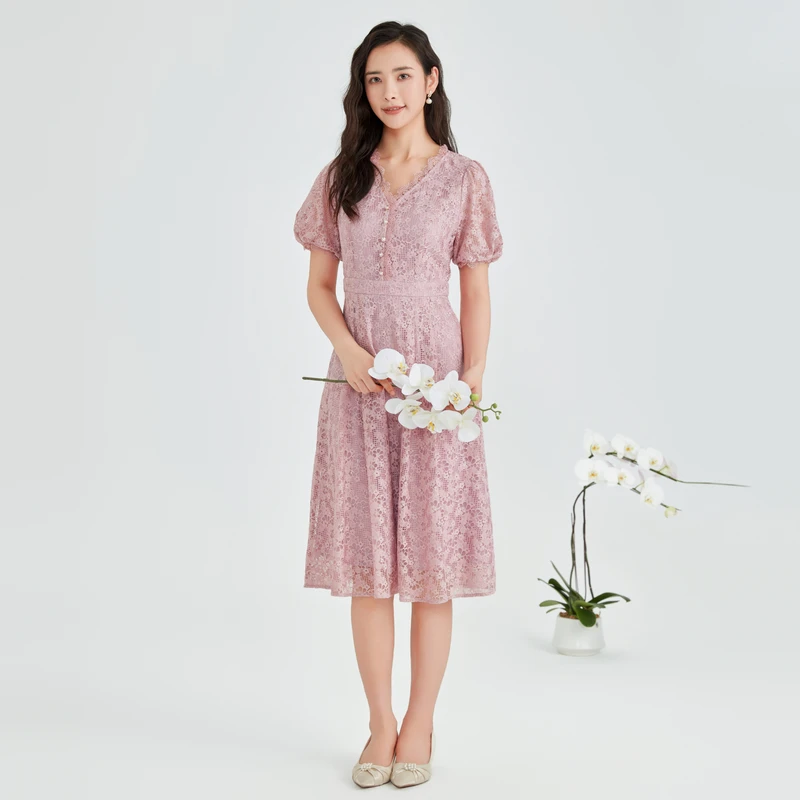 BuouBuou春夏蕾丝V领珠纱股线蕾丝连衣裙女DKCG046