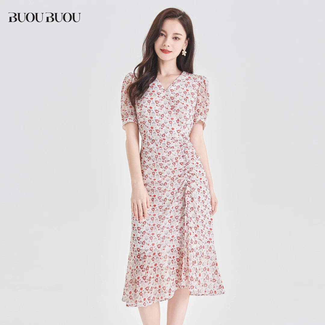BuouBuou轻奢印花V领雪纺连衣裙夏季新款DJ2G131