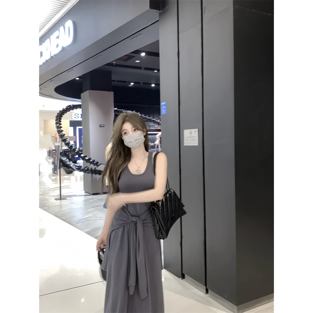 纯欲辣妹u领收腰绑带无袖背心裙夏季气质吊带连衣裙女复古长裙子