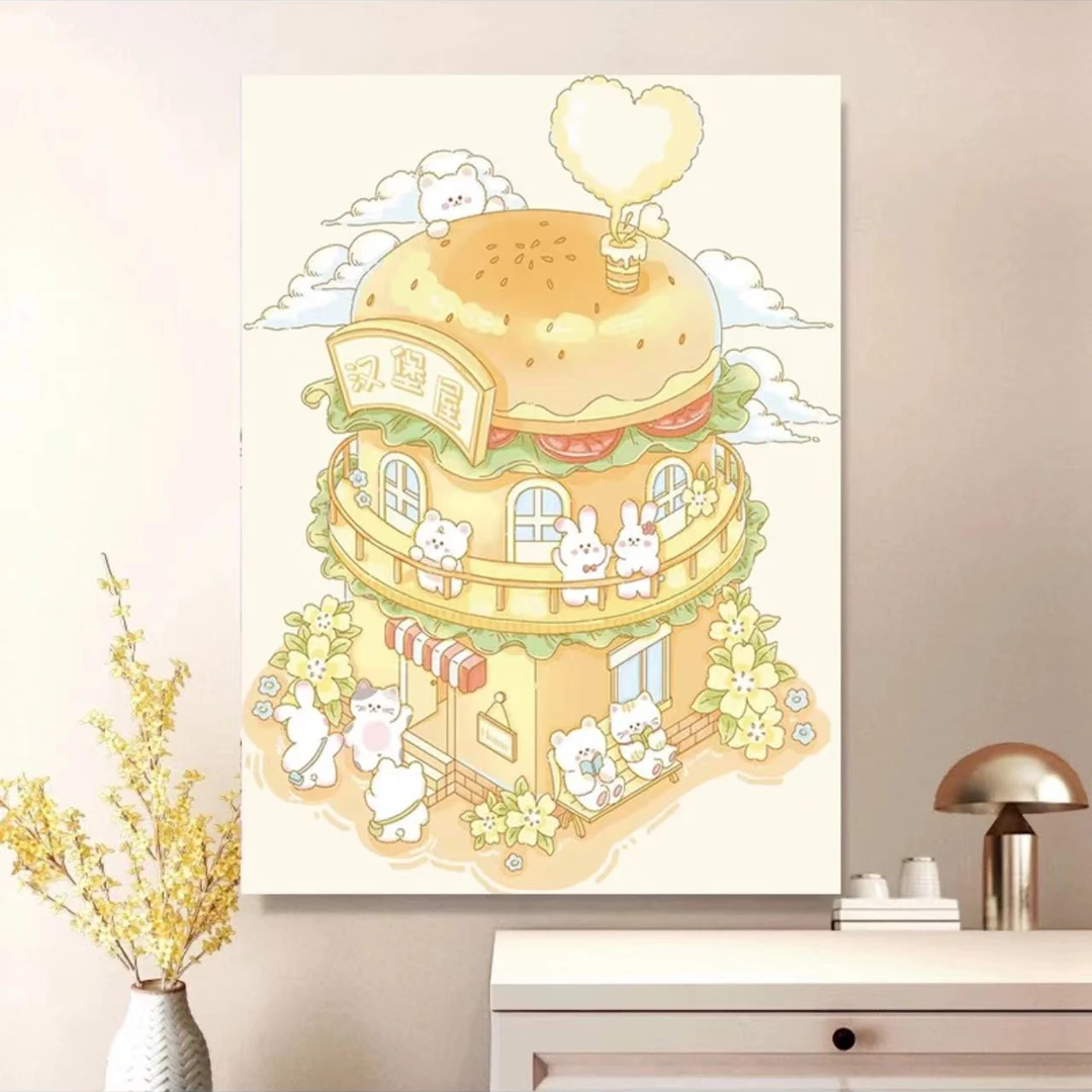 汉堡屋十字绣卡通动漫满绣无勾边新款食物插画手绘可爱治愈系2024