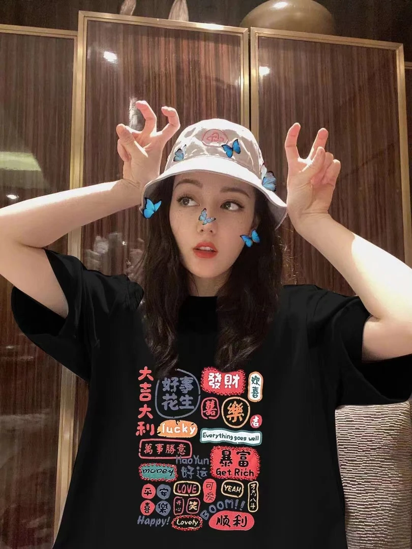 美式复古新年印花短袖t恤女夏季设计感小众潮牌oversize半袖上衣