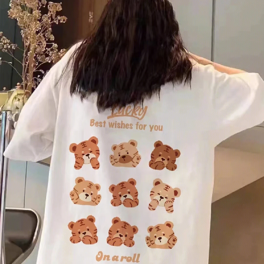 宽松白色T恤女装纯棉短袖夏季甜美港风chic复古印花半袖正肩上衣