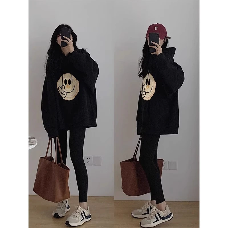【高品质】黑色连帽卫衣女加绒加厚2023新款秋冬大码宽松慵懒风上衣