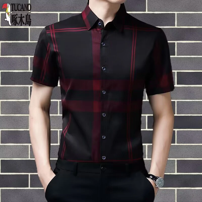 啄木鸟2023夏季新款男士短袖衬衫高级感无痕免烫时尚潮流格子衬衫