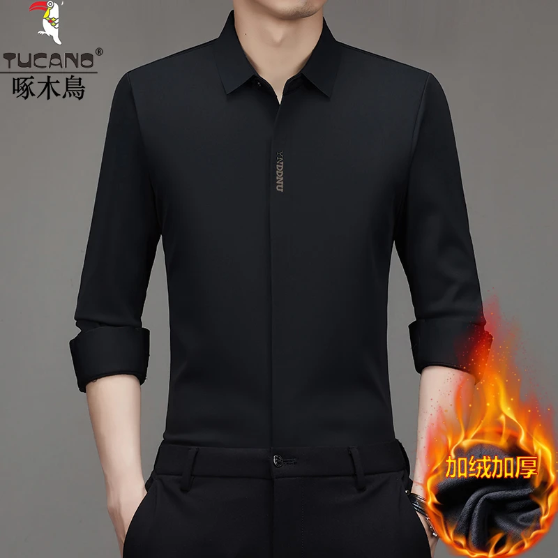 啄木鸟加绒加厚保暖衬衫男秋冬季中年商务无痕免烫抗皱保暖衬衣男