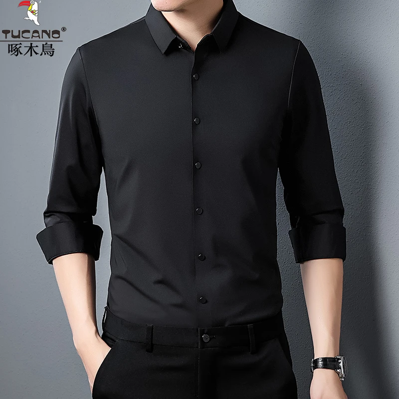 啄木鸟男士长袖衬衫春季新款无痕免烫高弹力纯色轻奢透气衬衫穿搭