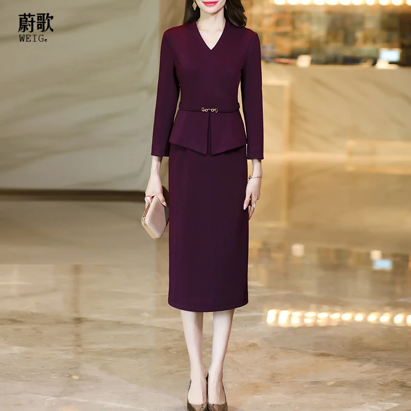 紫红色连衣裙2025春季新款气质显瘦长袖收腰假两件连衣裙1776