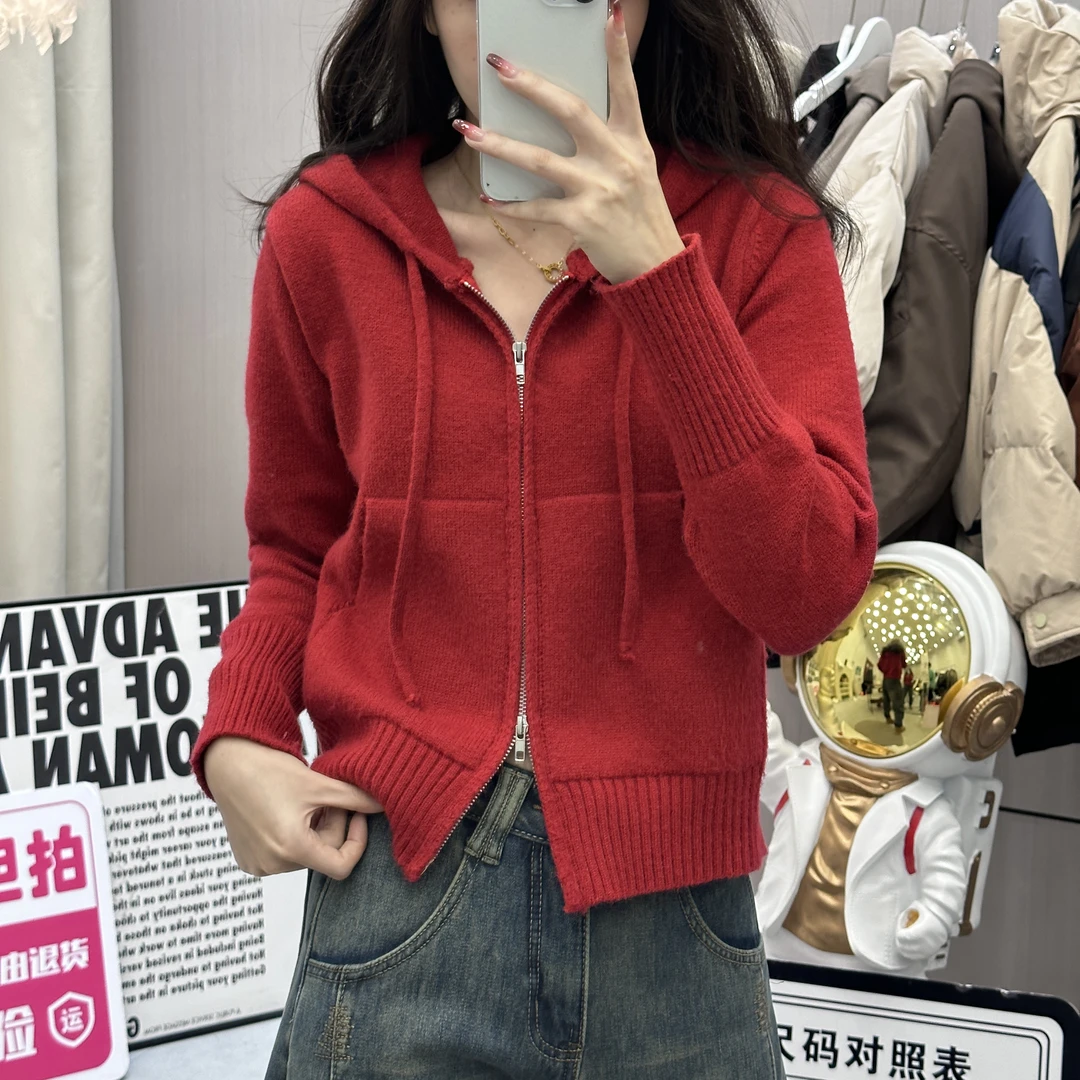 6752新款纯色连帽毛衣外套女显瘦百搭拉链针织开衫上衣