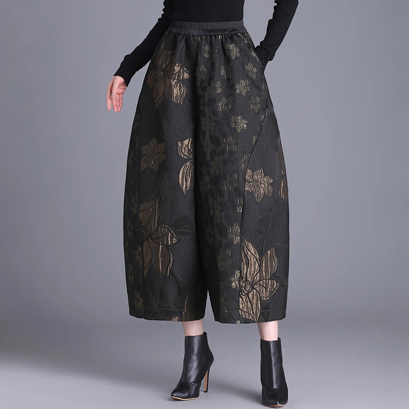 金丝提花茧型裤女秋冬国风加绒九分阔腿裤复古宽松民族风休闲靴裤