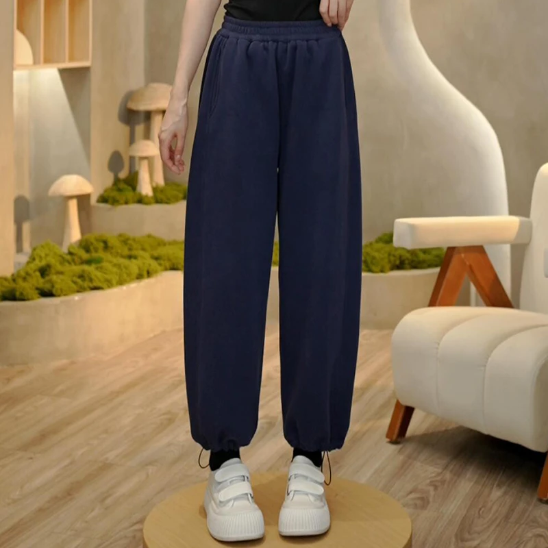 6628 冬季新款纯色裤脚可调节卫裤女时尚宽松百搭高腰休闲裤子