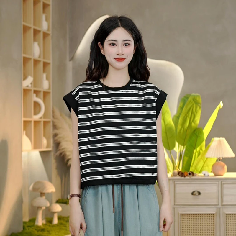 3557 夏季新款时尚条纹短袖T恤后背系带设计休闲百搭圆领女士上衣