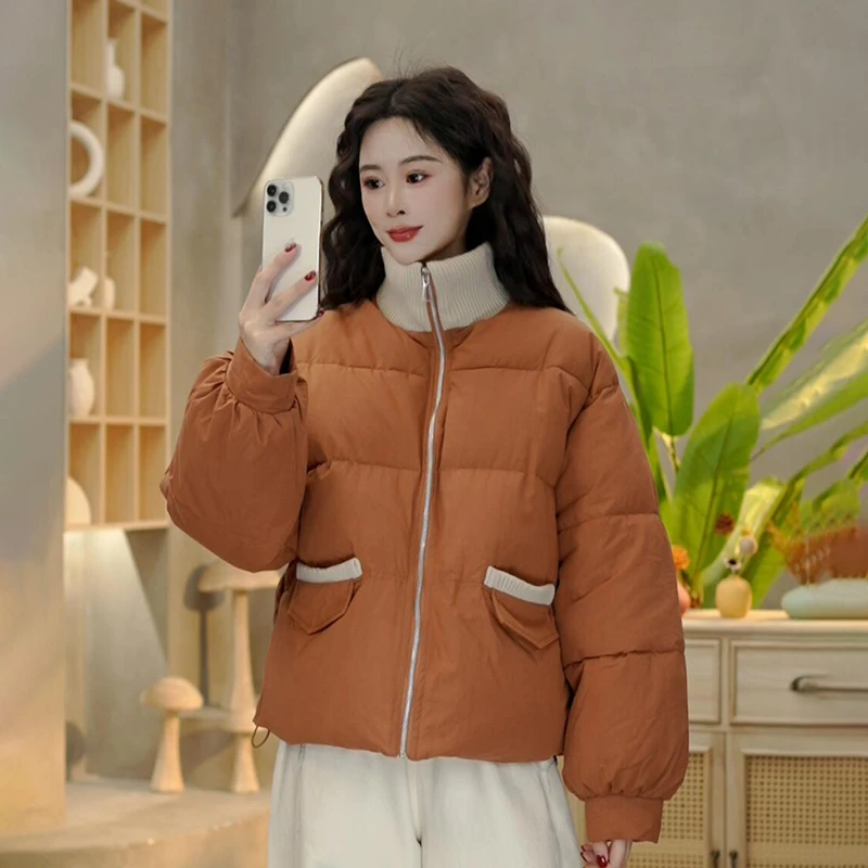 6657 冬季新款时尚立领棉服百搭撞色加厚宽松保暖休闲棉衣外套