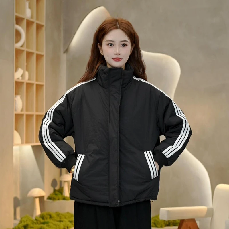 3761 冬季新款时尚质感拼接条纹立领夹棉衣宽松百搭休闲棉服