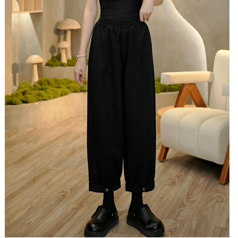 6625 冬季新款厚款纯色卷边休闲裤百搭显瘦宽松裤子