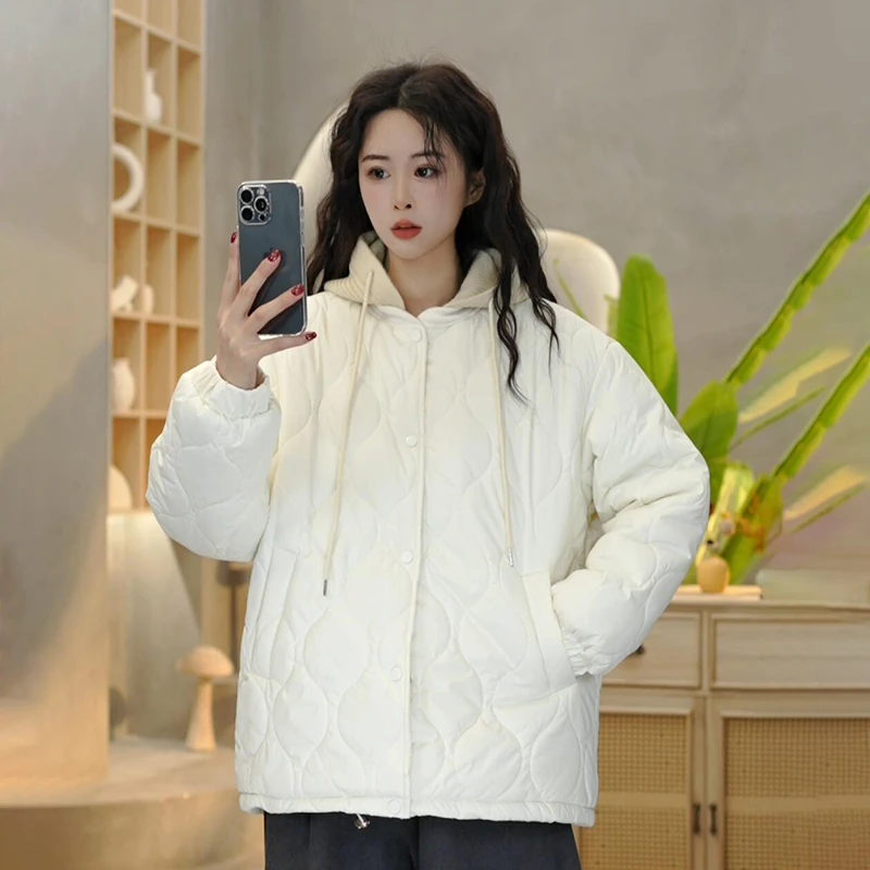 8807 冬季新款韩系连帽菱形格棉服女士加厚宽松百搭时尚棉衣外套